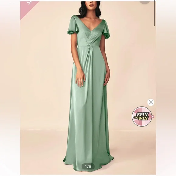 green emerald velvet dress Wedtrend Women Agave Long Bridesmaid Dress with Long Sleeves A Line Round Neck Satin Wedding Party Dress, Eucalyptus / US8 main image 1